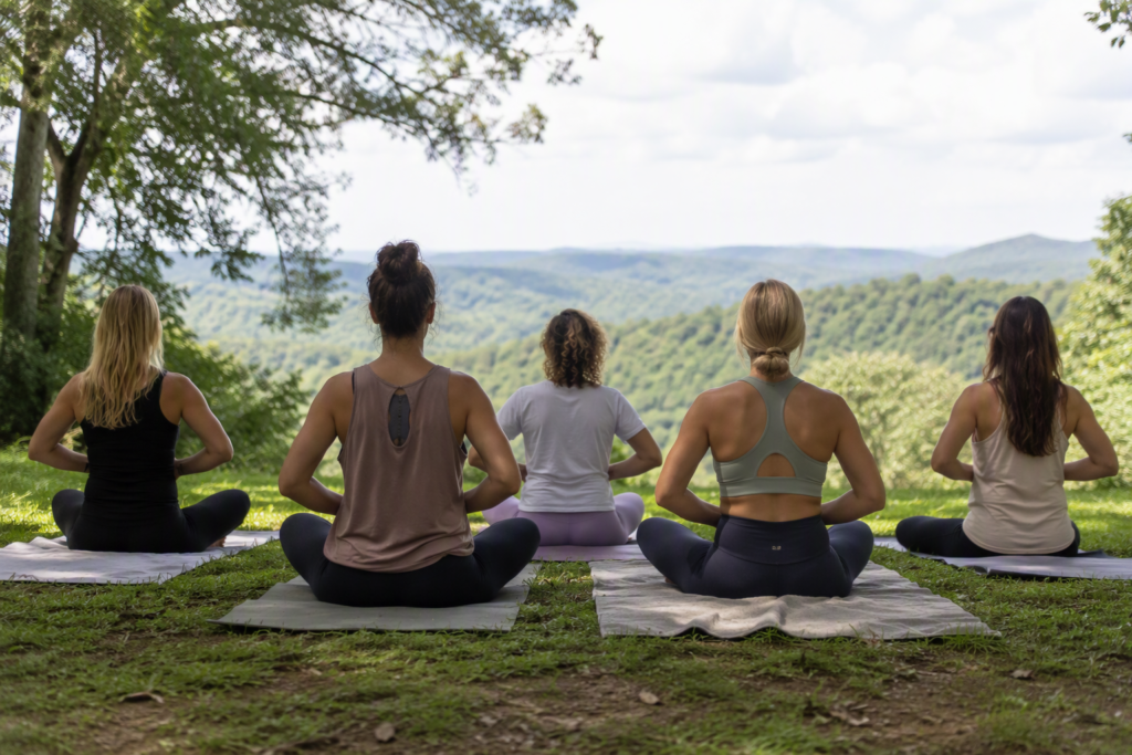 Frauengruppe die in der Natur Atemübungen macht.